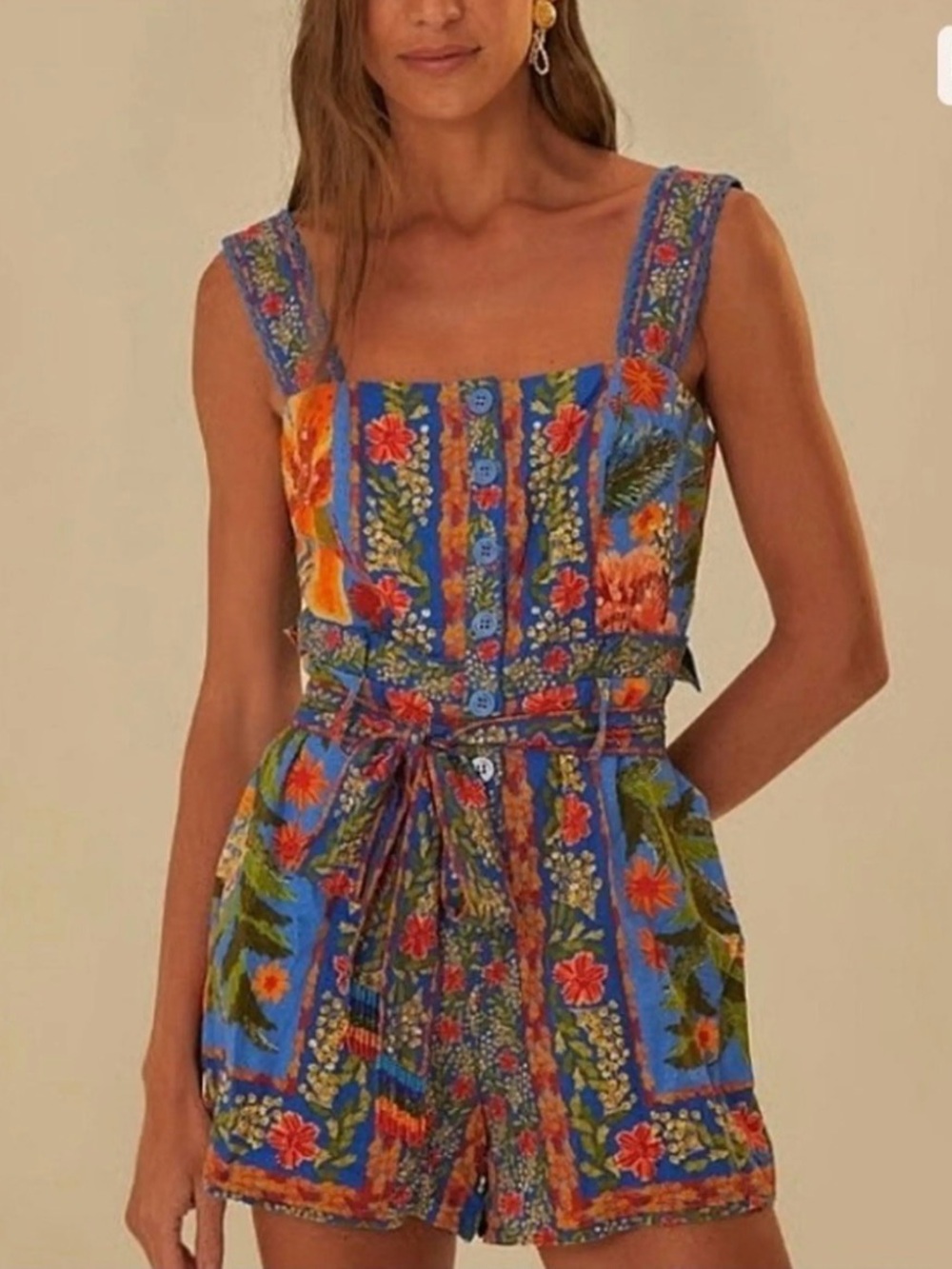 FARM Rio Blue Floral Printed Linen Romper with Belt